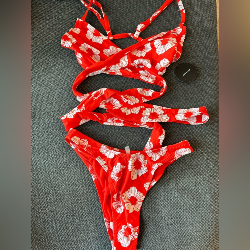 Lulus Red Tropical Wrap Top Bikini Set